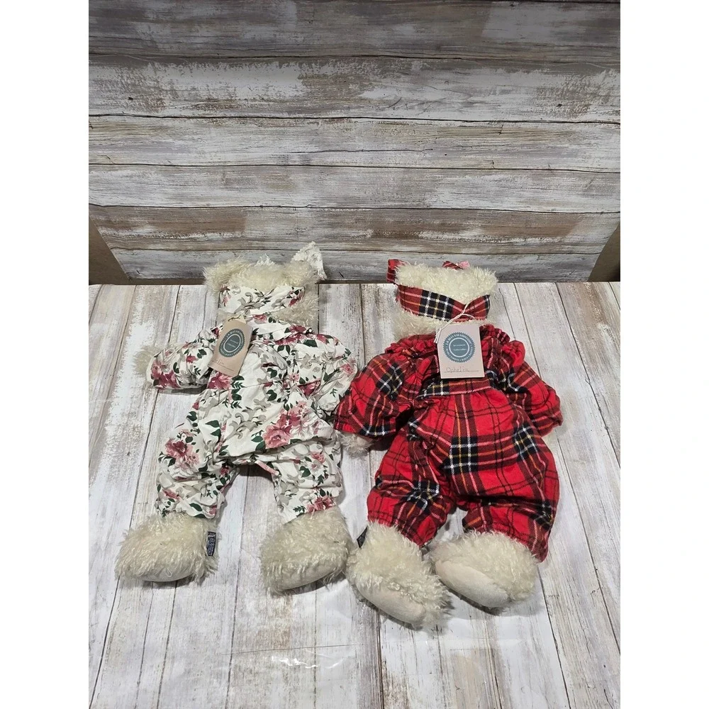 2- Boyds Bears Ophelia Plush Set Red Plaid Floral Rompers Investment 16 Inch